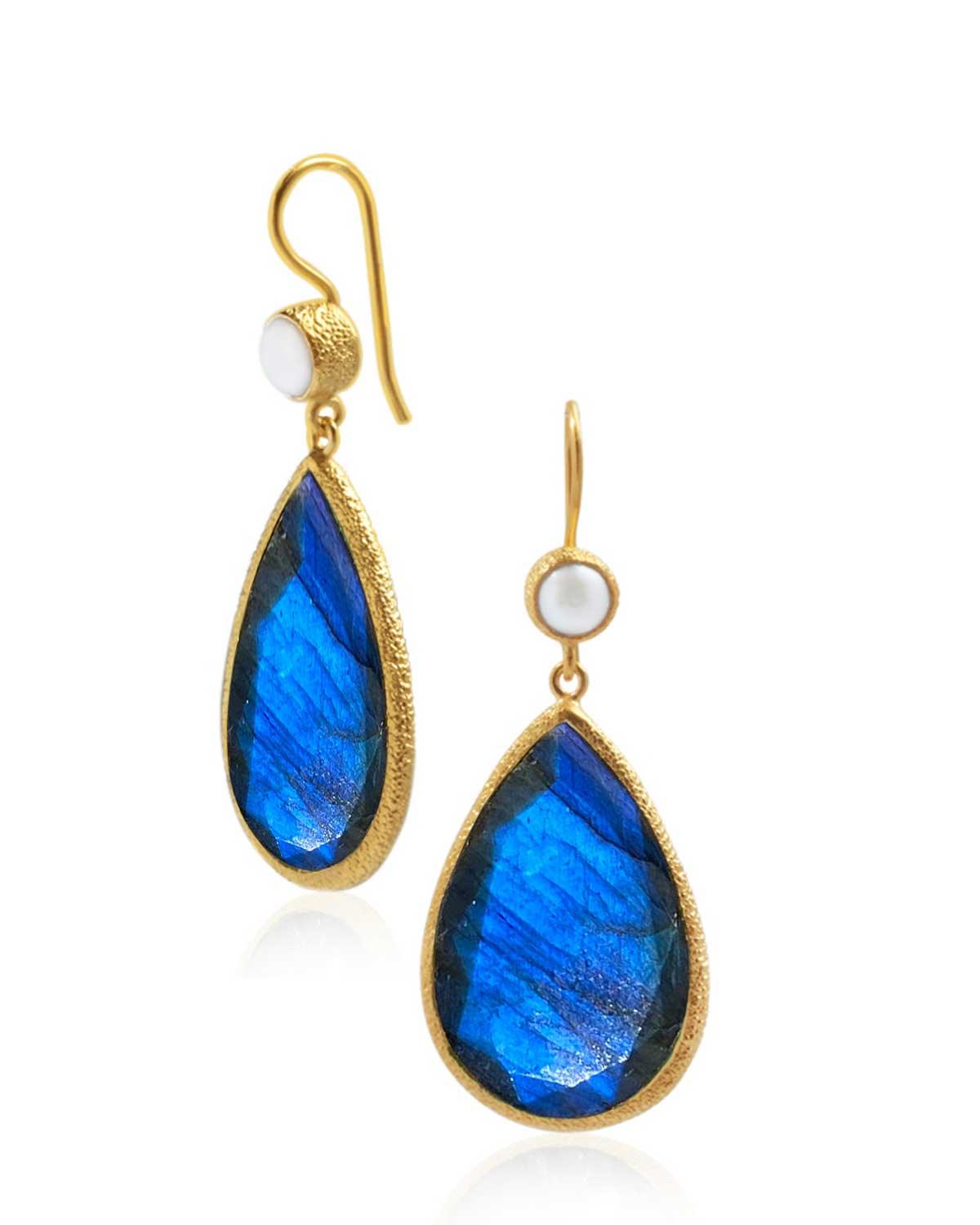 Gold statement earrings with teardrop labradorite and organic pearl