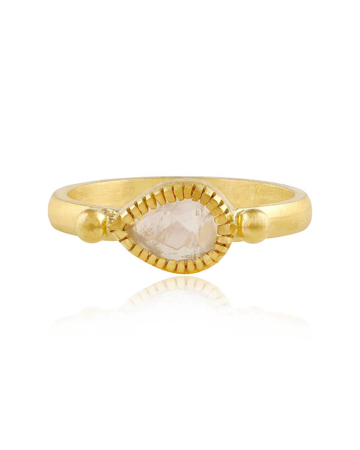Polished gold ring with natural rainbow moonstone glow