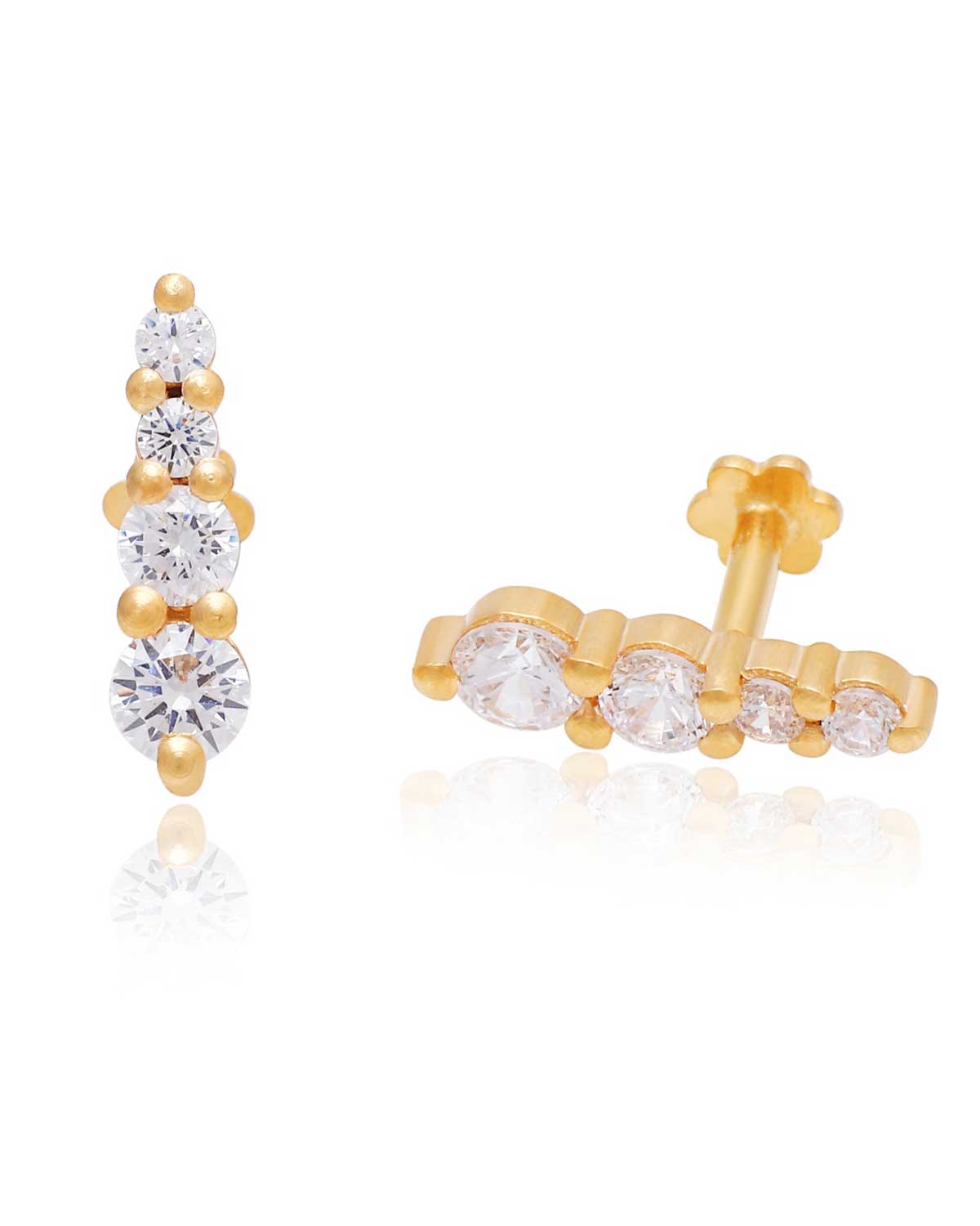 Detailed view of graduating cubic zirconia crystals on gold stud