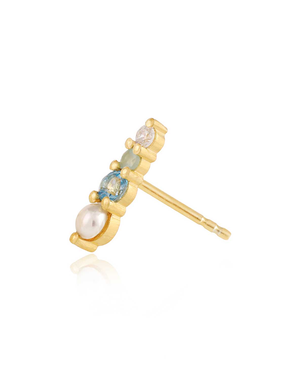 Mini gold stud earrings with graduating blue topaz, pearls, and cubic zirconia