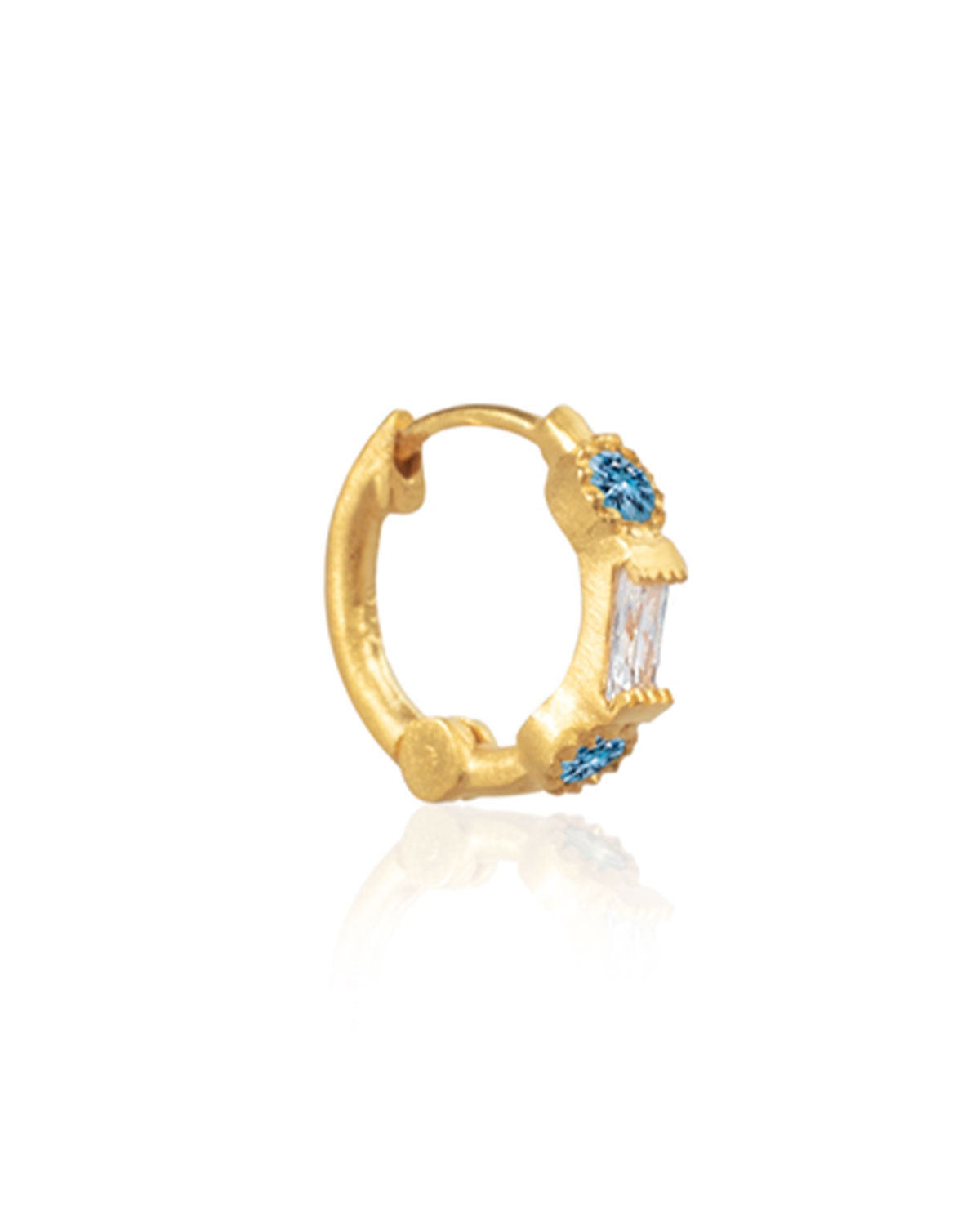 Gold mini hoop earrings with blue topaz and secure click clasp