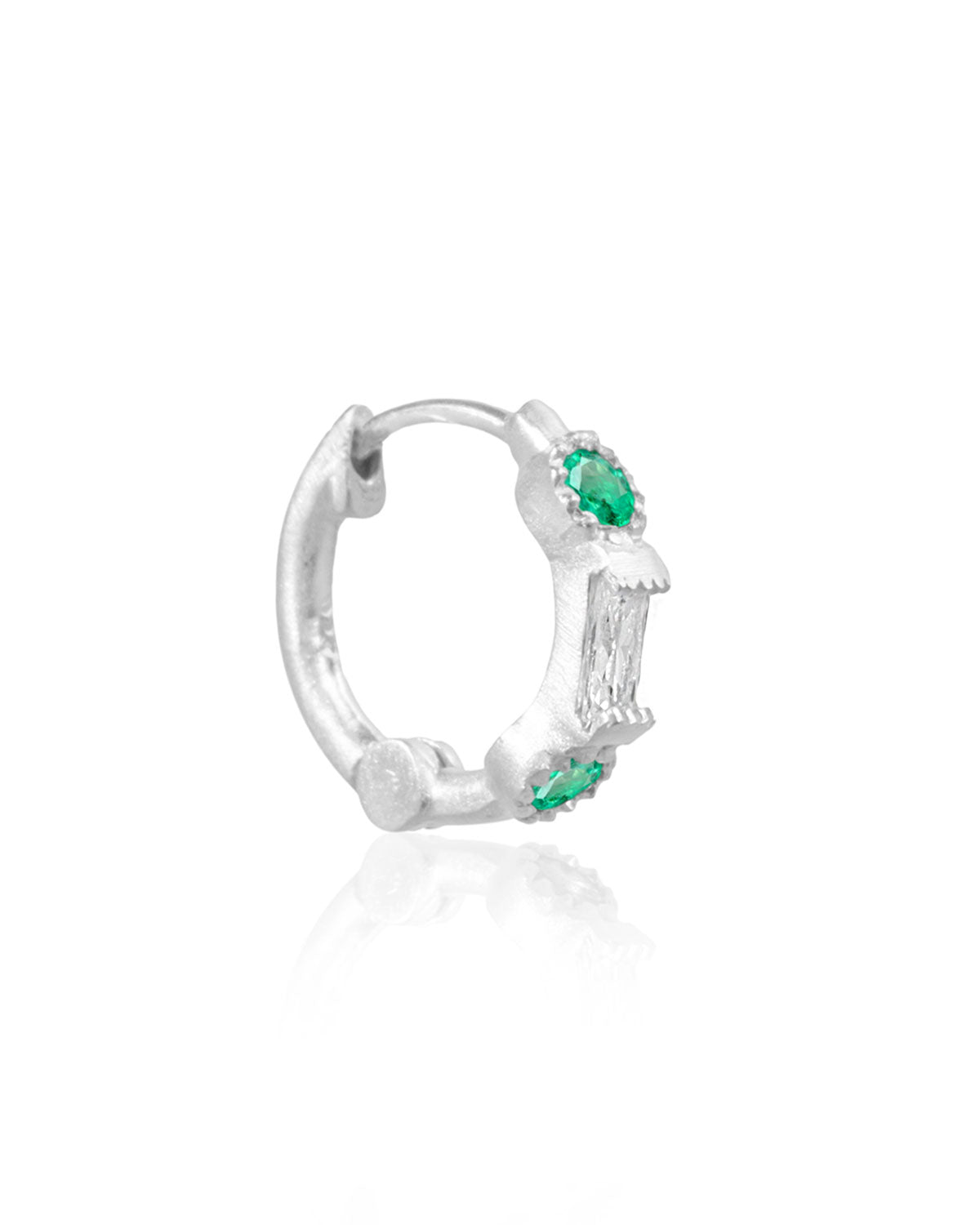 Everyday silver mini hoop earrings with emerald gemstones