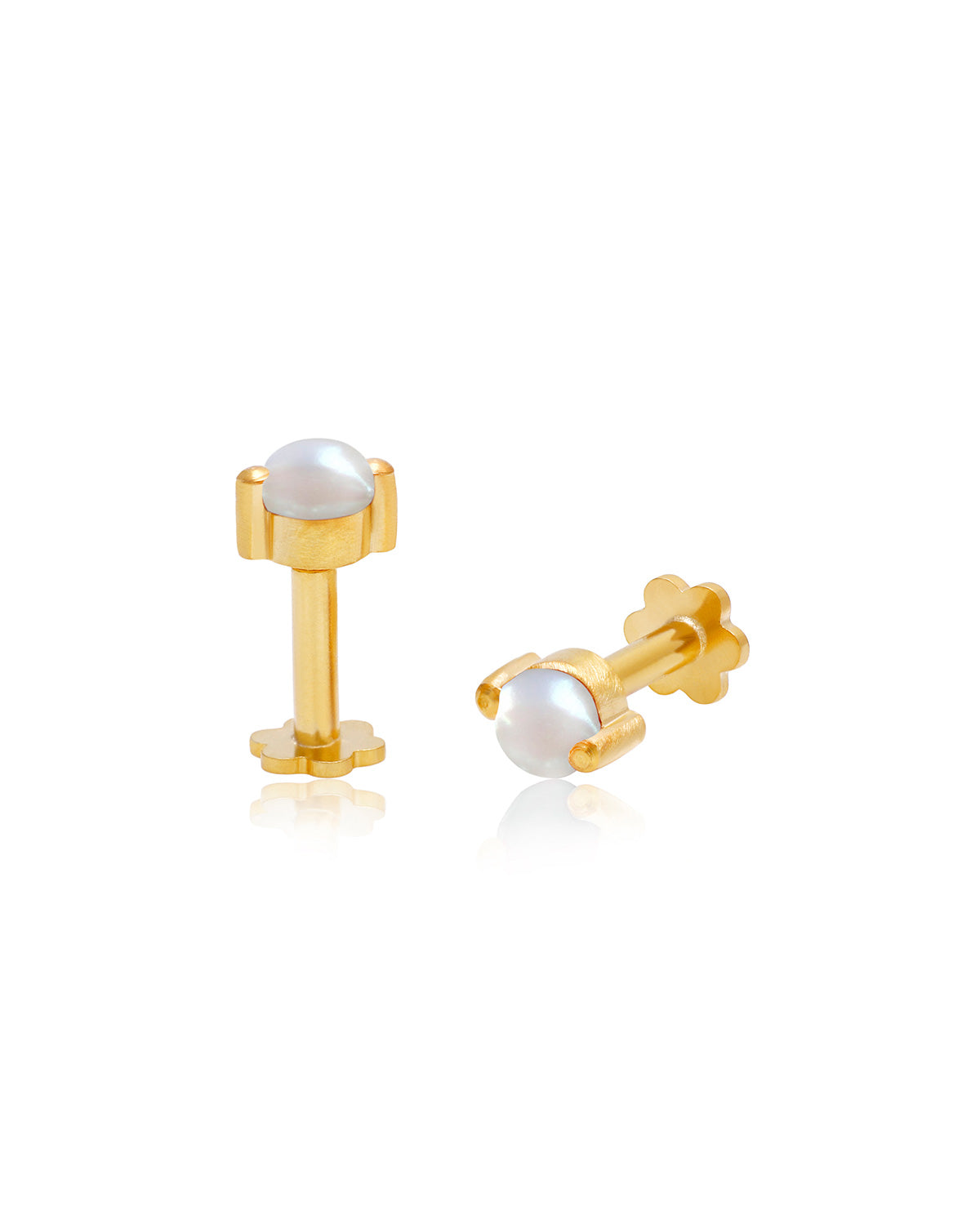 Close-up of mini gold studs featuring a 3mm natural pearl