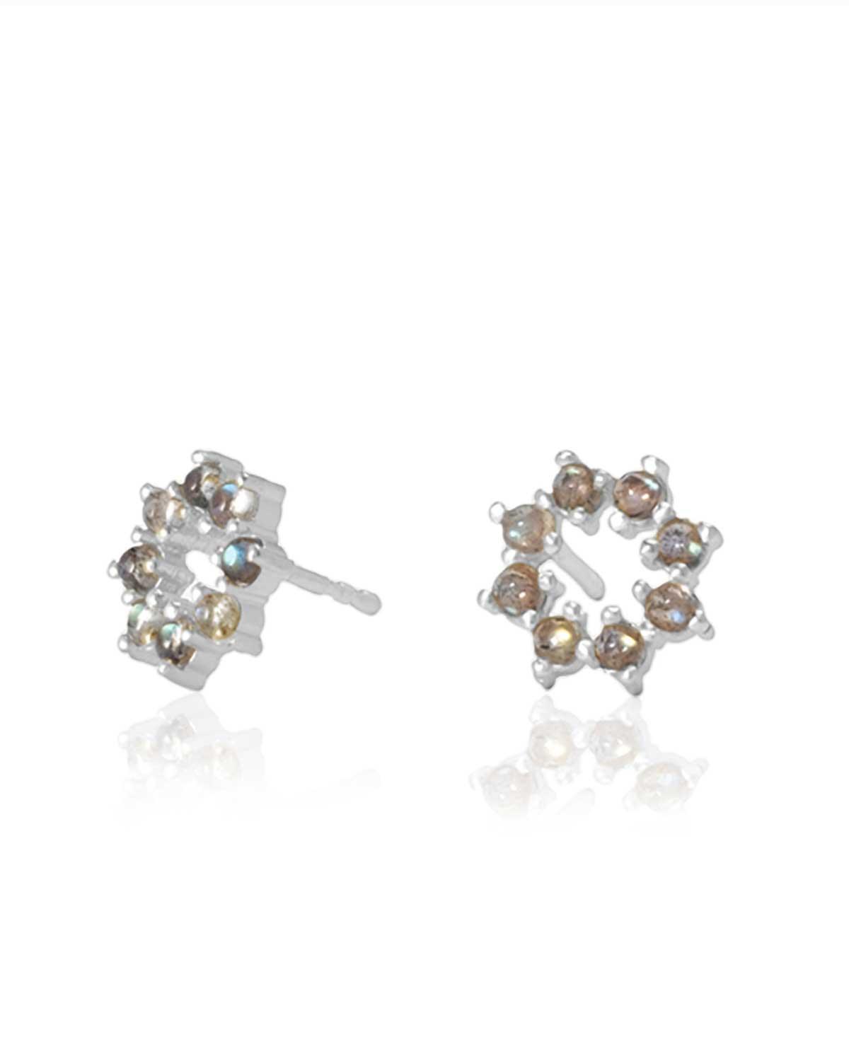 Tiny gold stud earrings with hand-cut labradorite gemstones