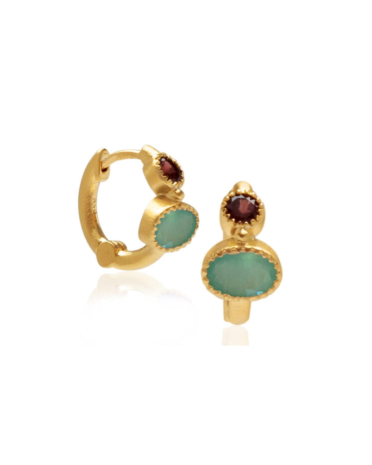 Gold mini hoop earrings with garnet and aqua calcedony gemstones