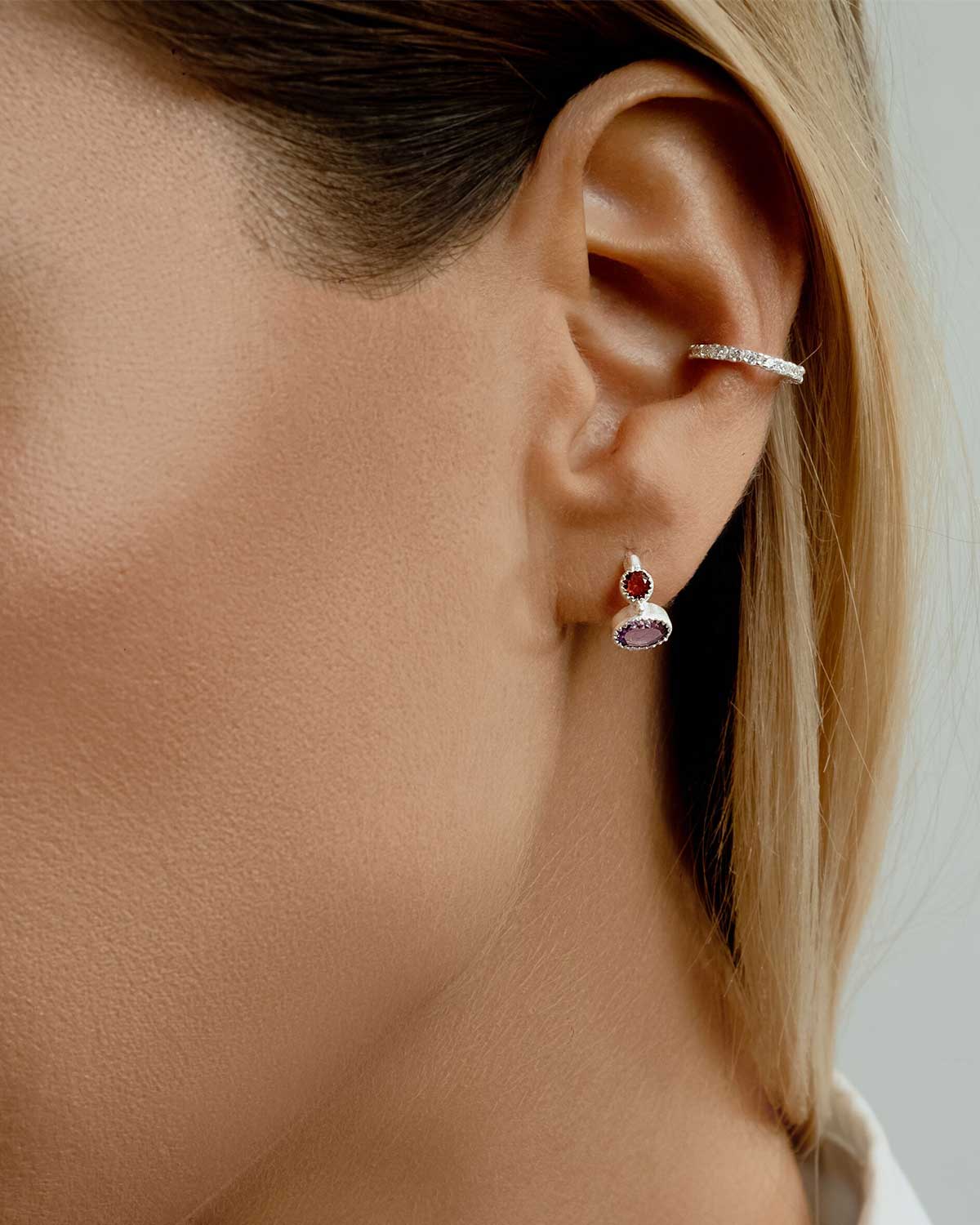 Close-to-ear gold mini hoops with labradorite and moonstone gemstones