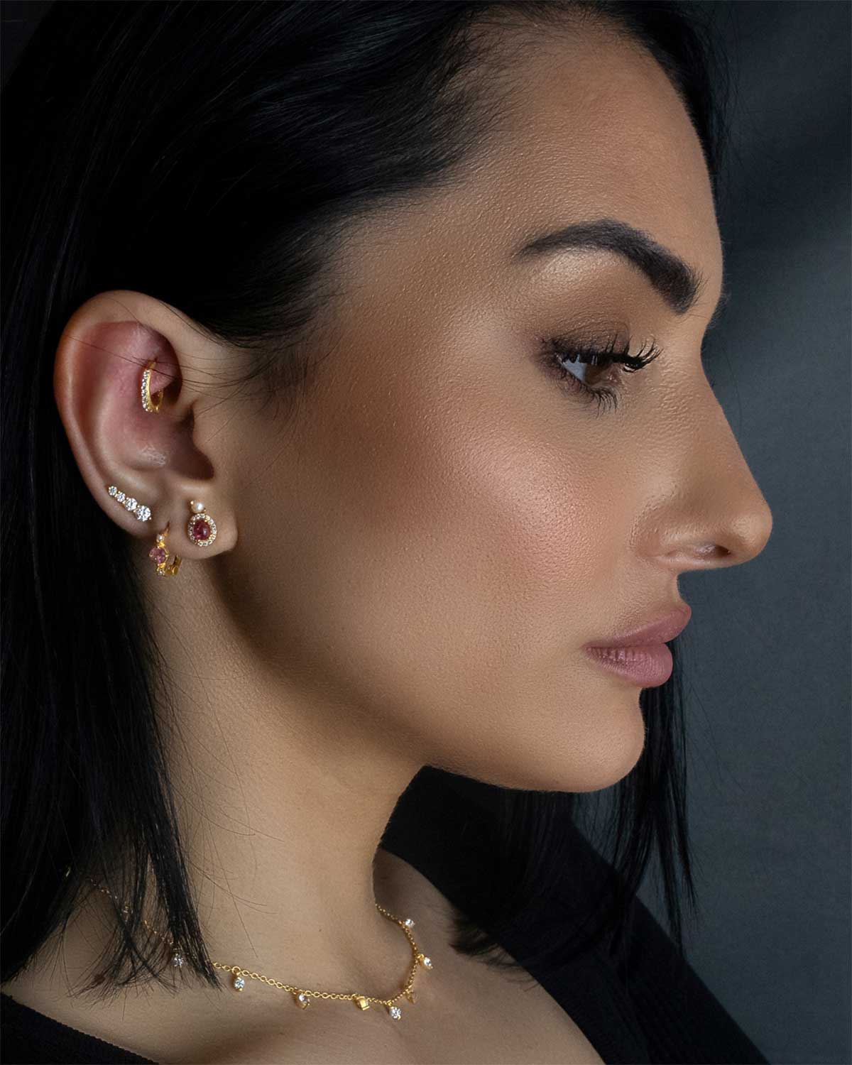 Lightweight silver mini hoop earrings with tourmaline gemstones and pearls