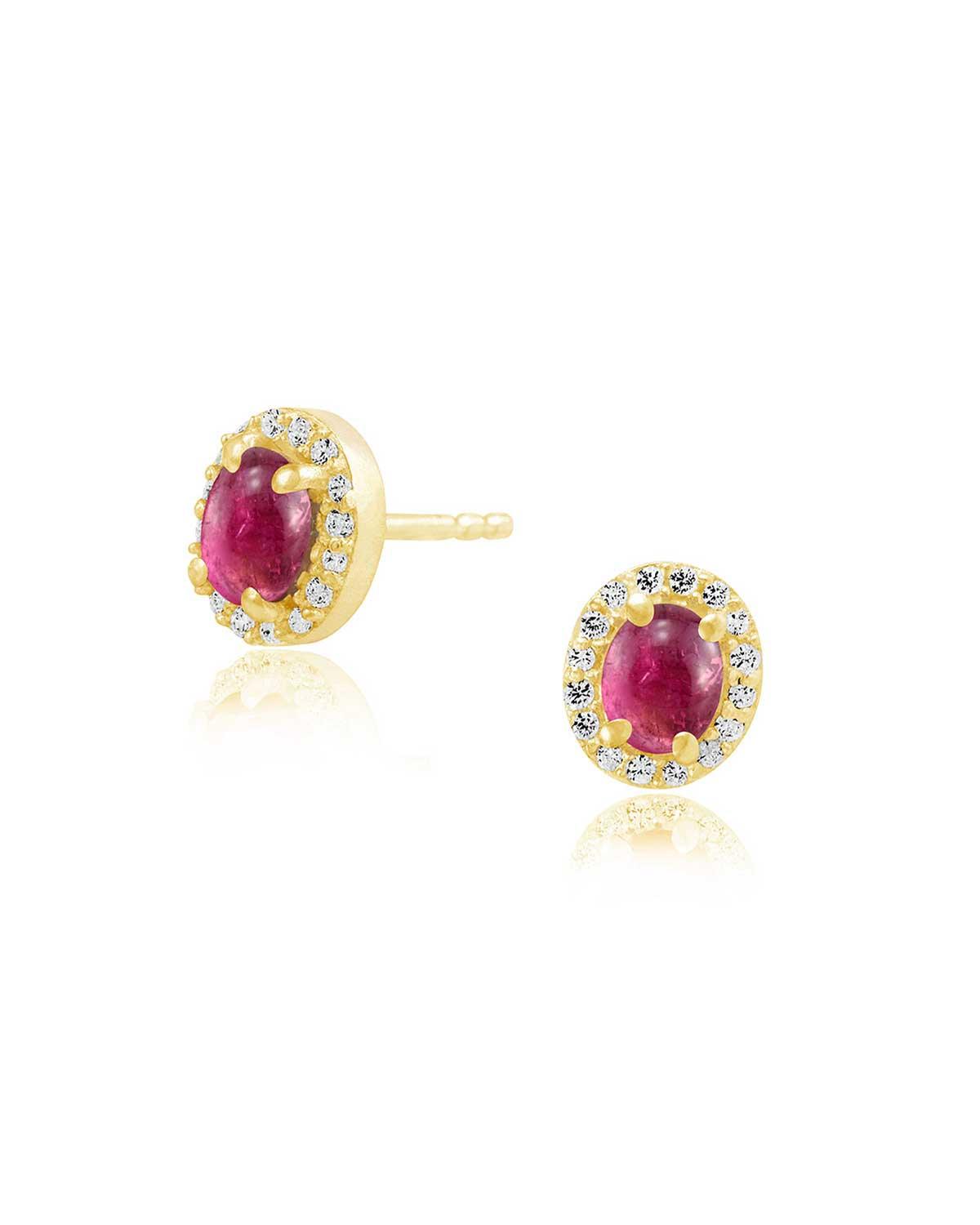 Front view of pink tourmaline stud earrings with polished gold plating