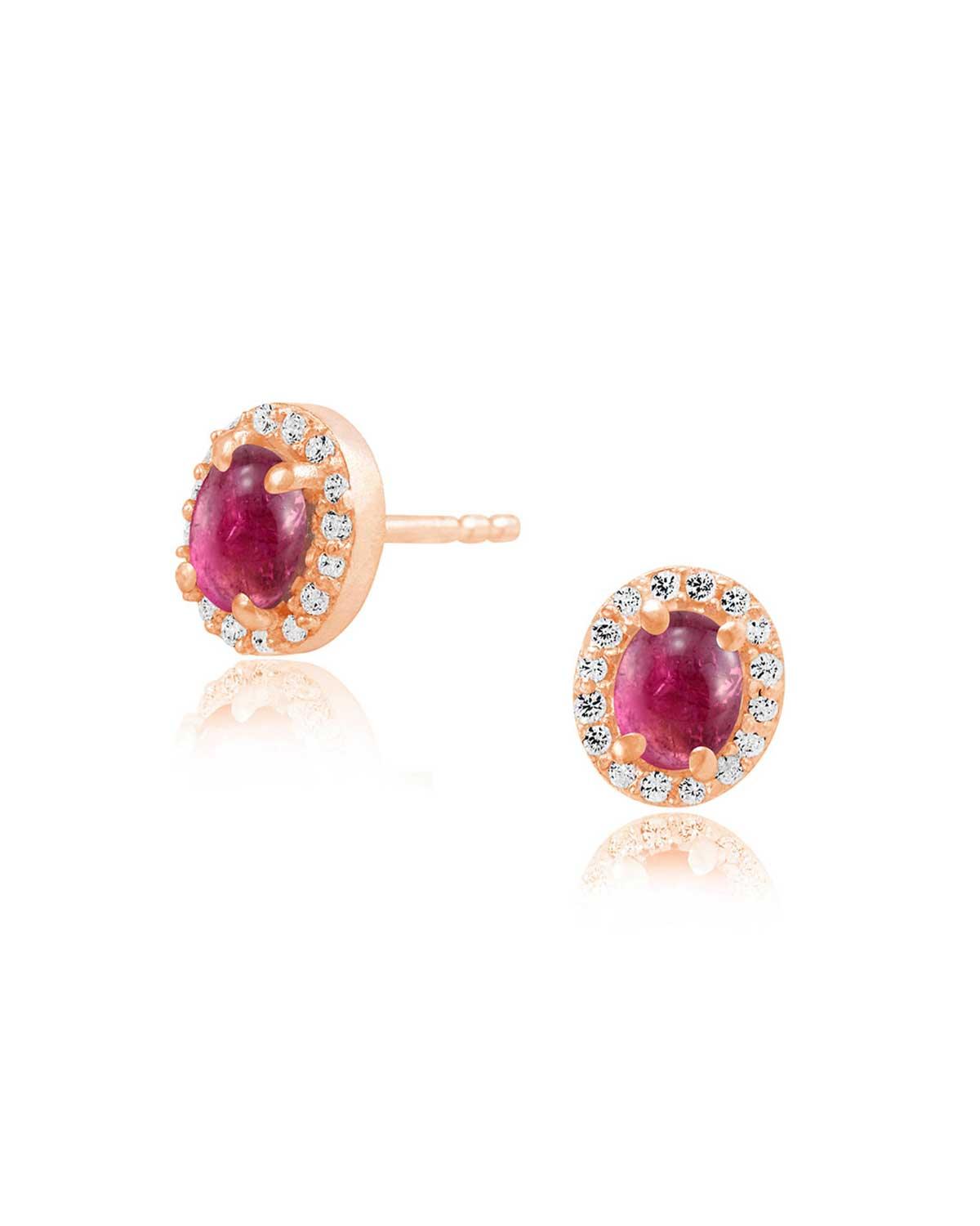 Pink tourmaline stud earrings with cabochon cut gemstone and gold plated finish