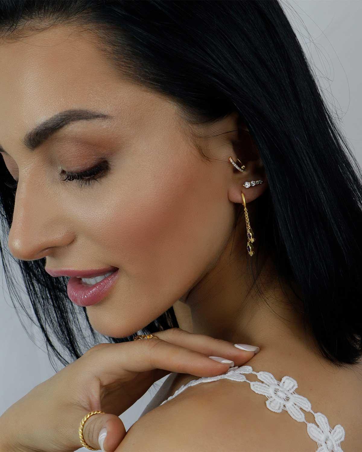 Front view of gold plated mini hoops with twin amethyst drops