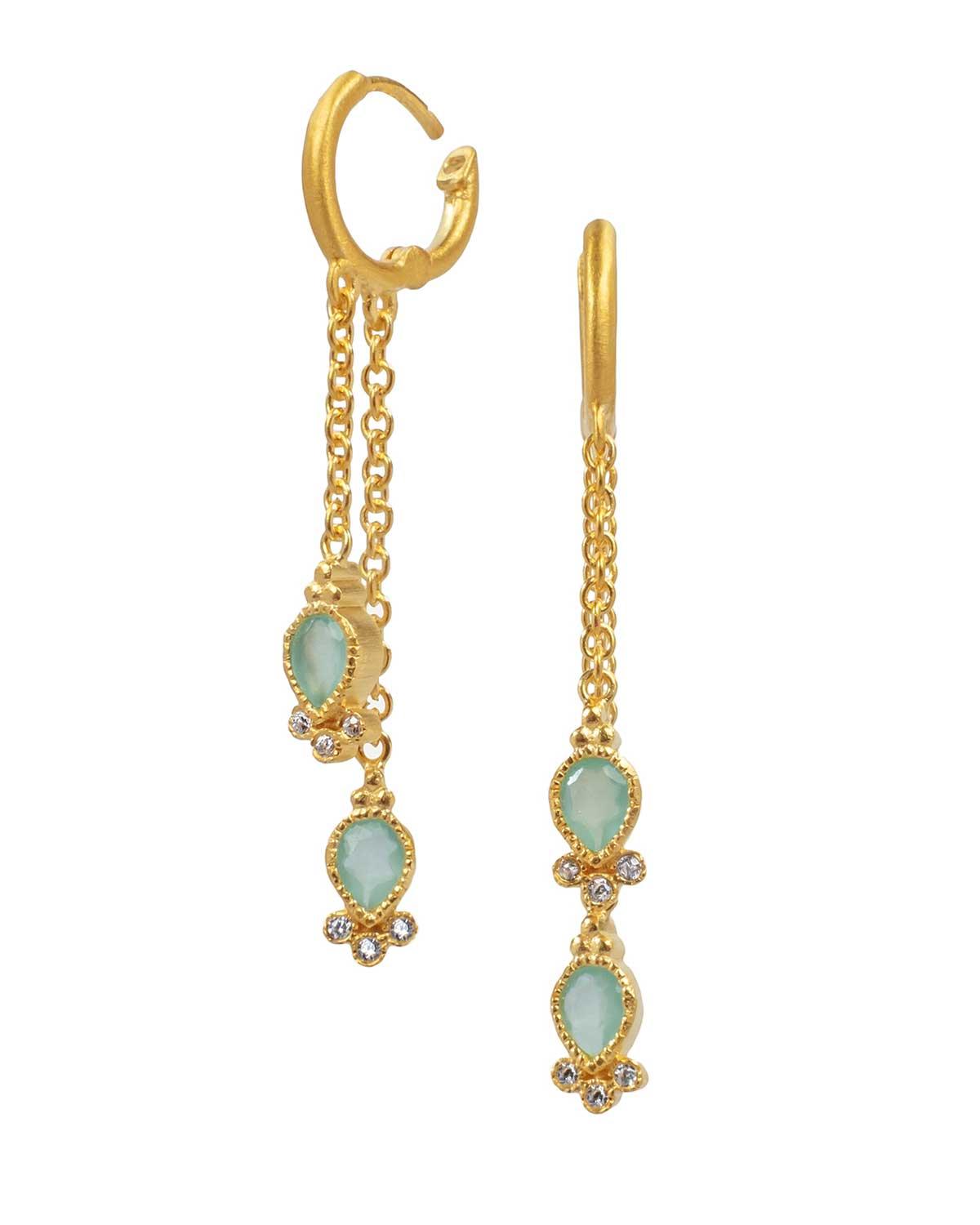Mini hoop earrings with aqua chalcedony gemstones and delicate teardrop design