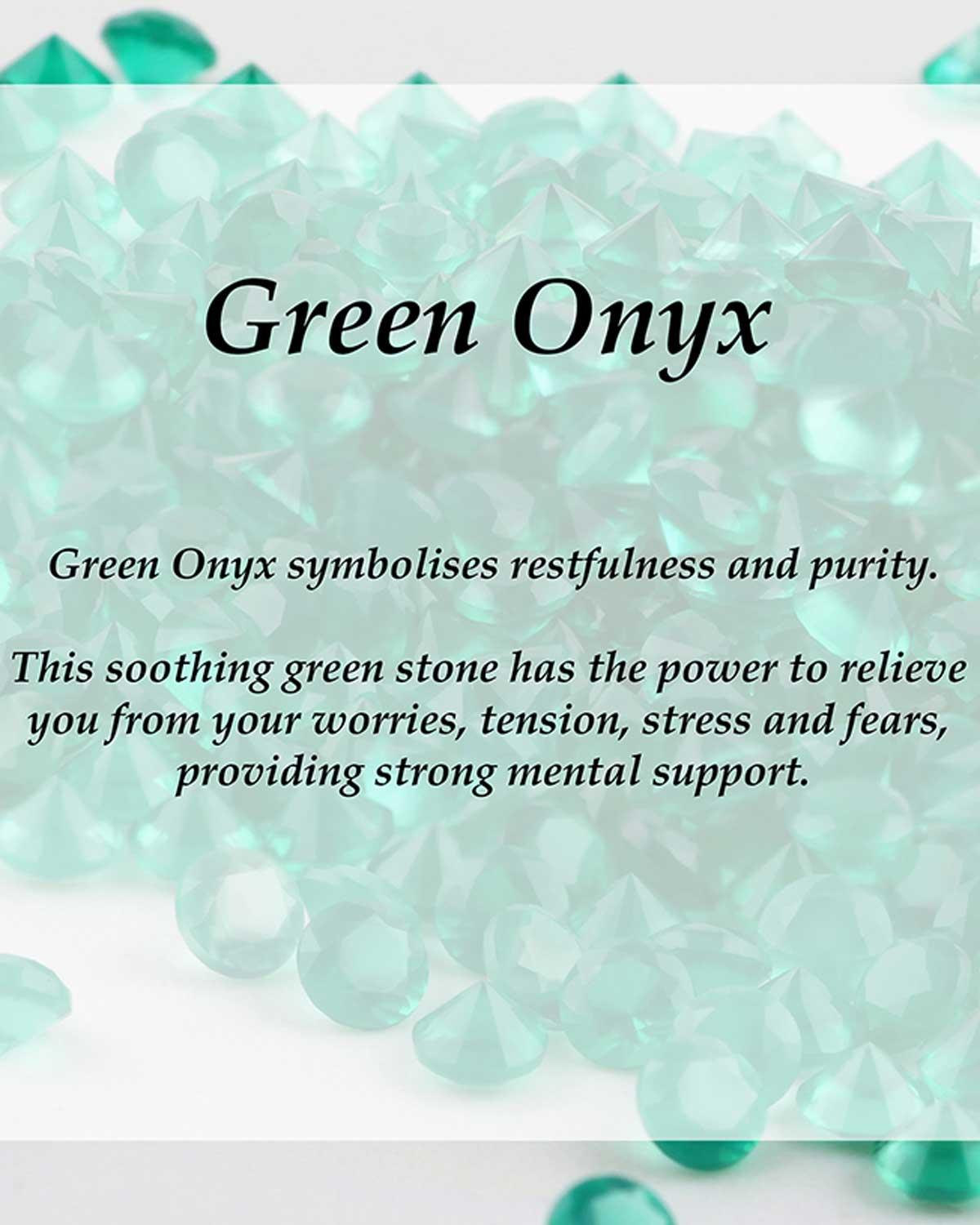 Detailed view of handcrafted green onyx gemstones with silver setting