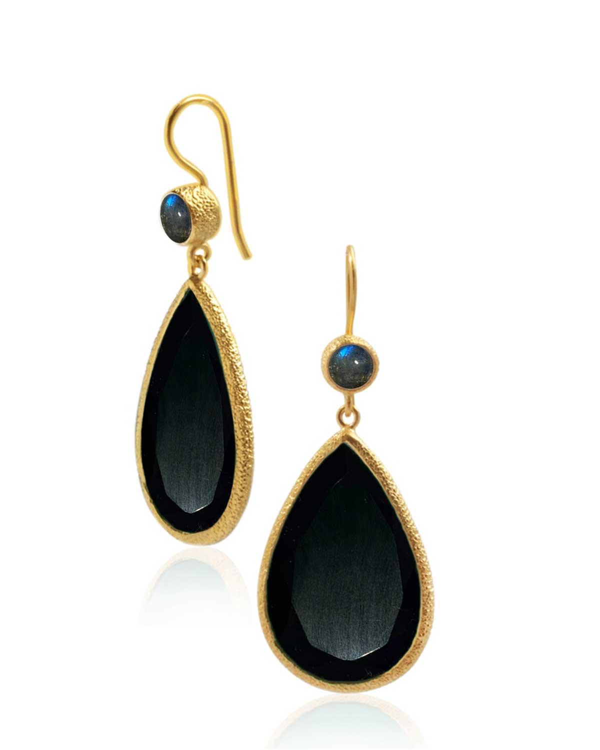 Teardrop gold earrings with black spinel and labradorite gemstones