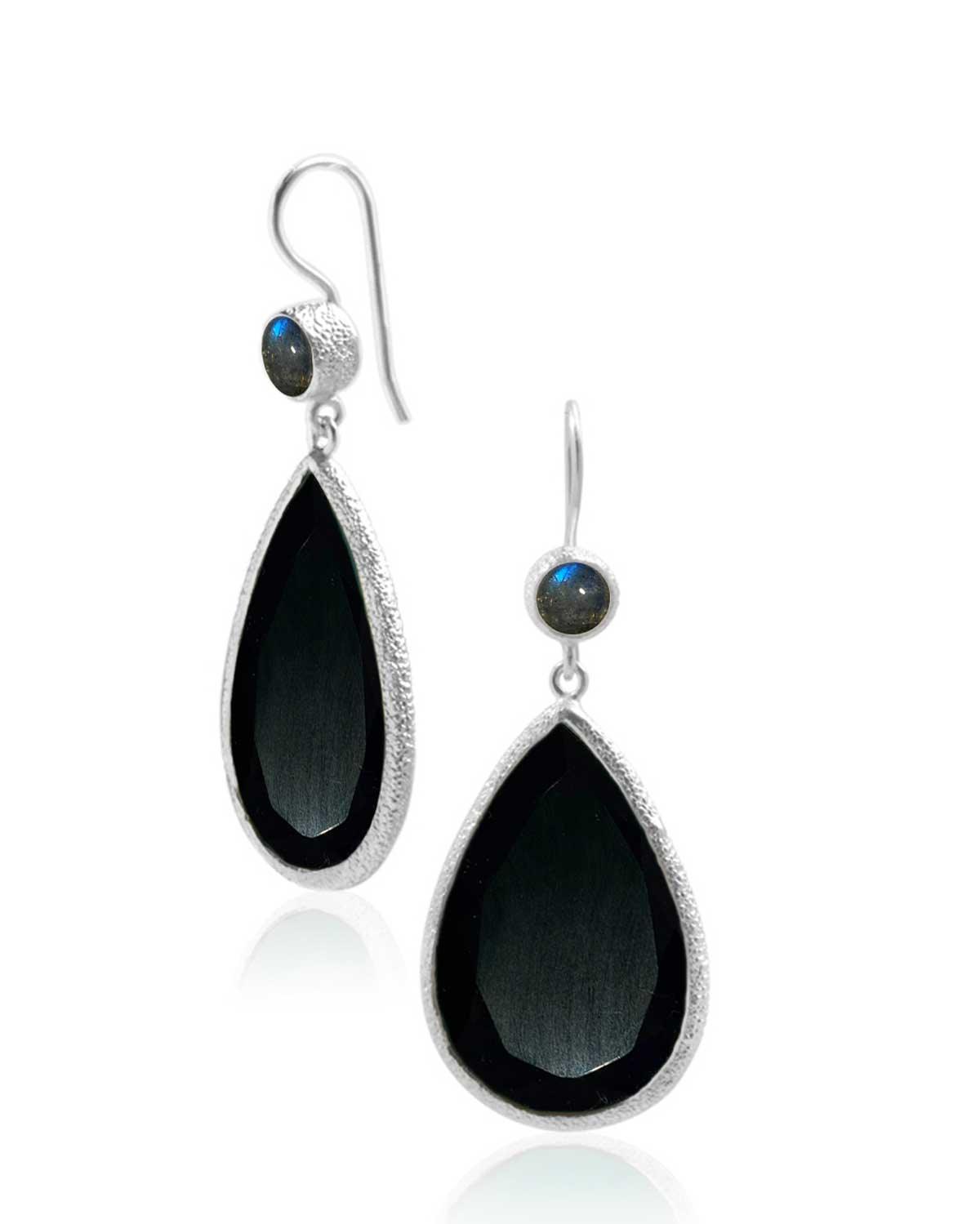 Teardrop silver earrings with black spinel and labradorite gemstones