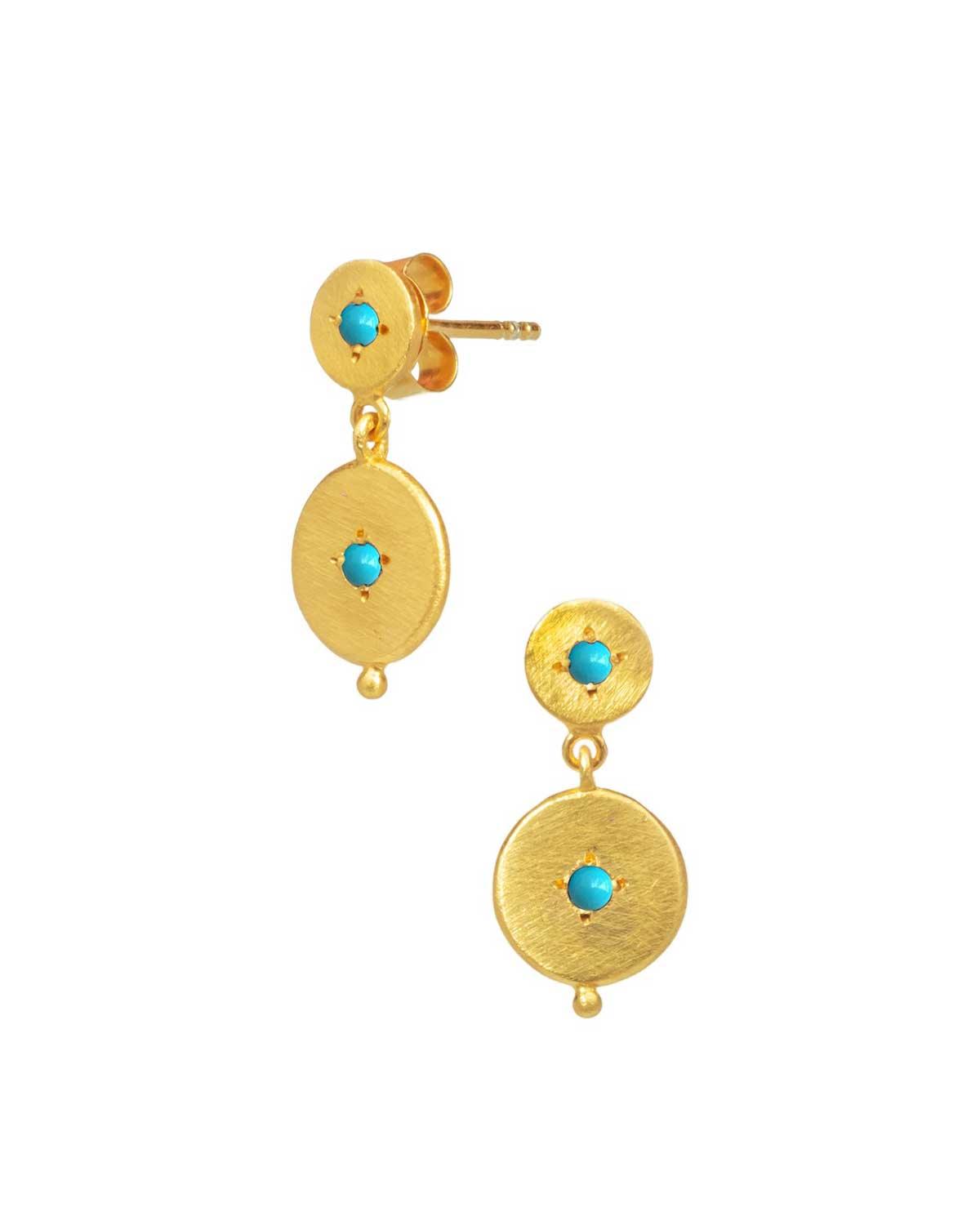 Gold drop earrings with double disk design and turquoise gemstones