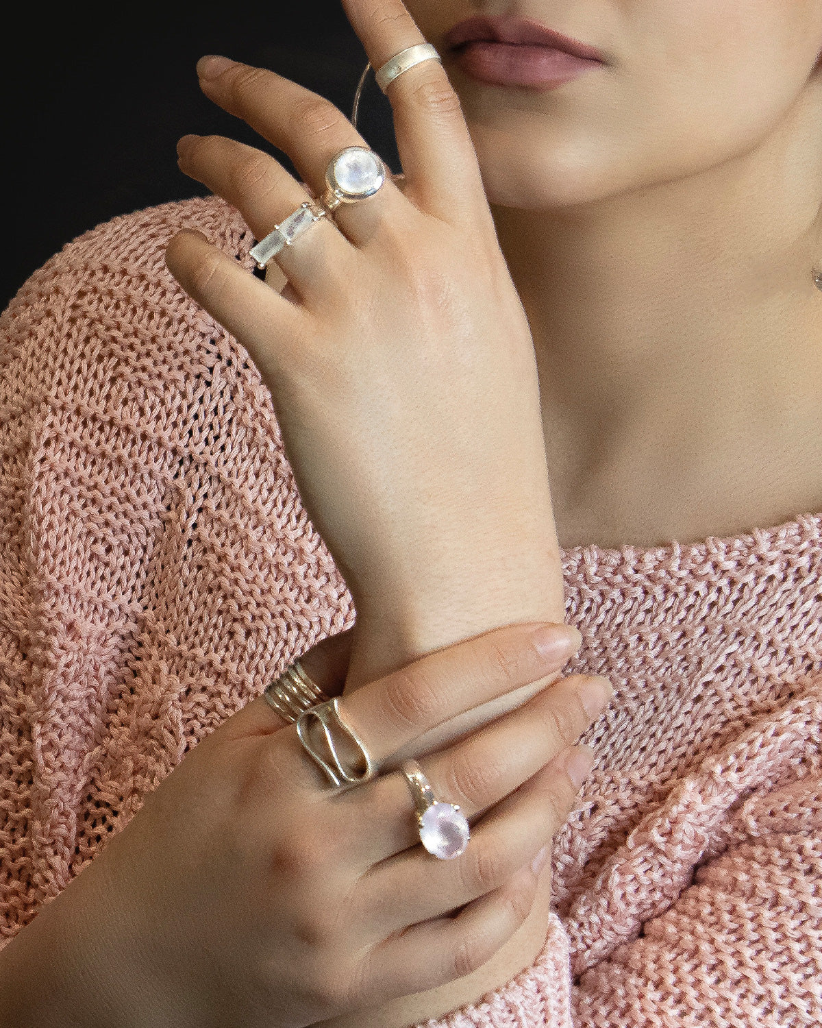 Model wearing a mid statement sterling silver wave ring